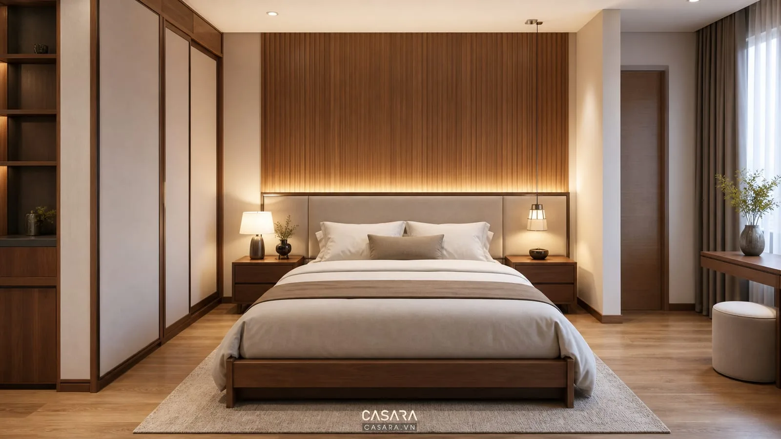 Giường ngủ trong phòng ngủ chung cư đặt cân đối với lối đi hai bên