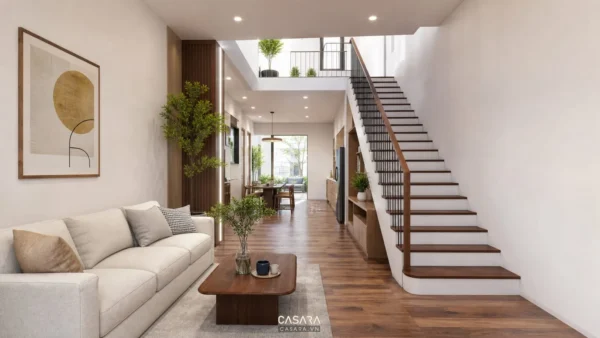 Nhà 2 tầng cầu thang dọc với phòng khách nhà ống, cầu thang sát tường, sofa trung tính và sàn gỗ