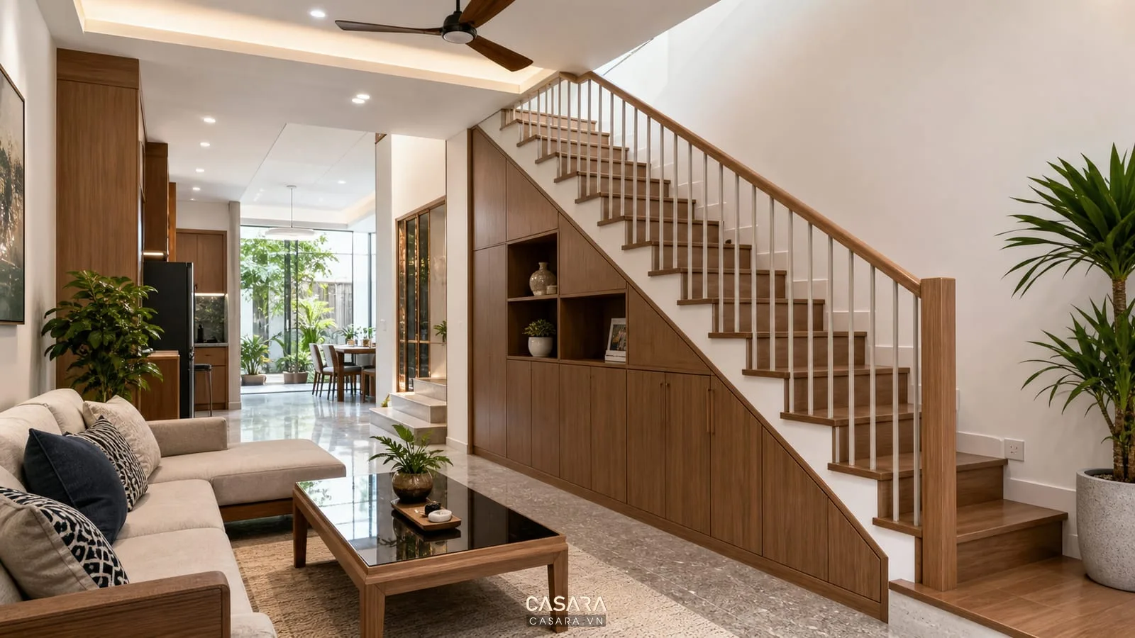 Mẫu cầu thang nhà có tủ lưu trữ dưới gầm trong phòng khách hiện đại