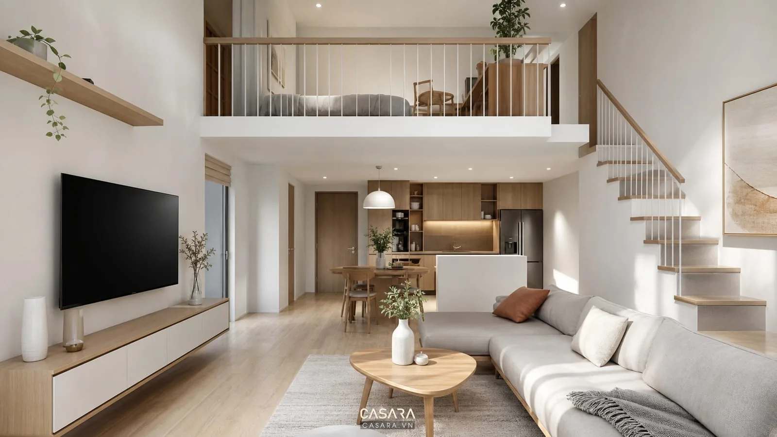 Phòng khách nhỏ dưới gác lửng với sofa thấp và kệ tivi treo