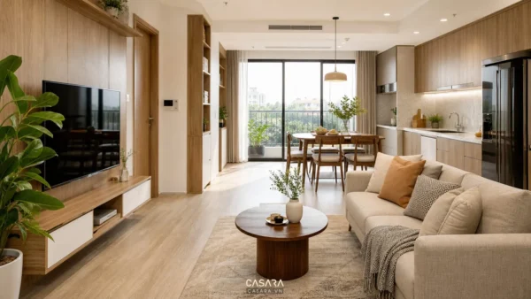 Nhà chung cư đẹp 60m2 với phòng khách liền bếp hiện đại và ánh sáng tự nhiên