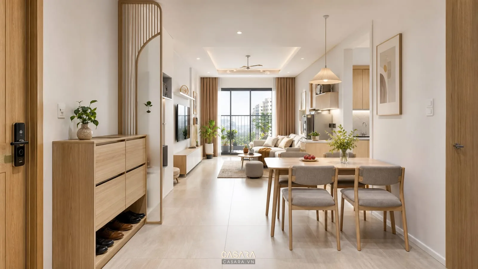 Nhà chung cư nhỏ đẹp 60m2 với lối vào gọn và phòng khách liền bếp sáng