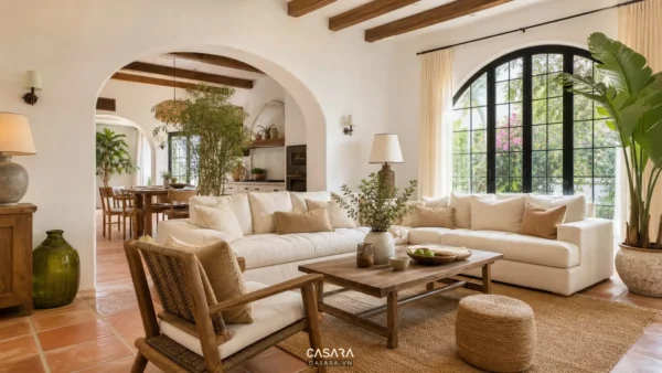 Nhà đẹp phong cách Địa Trung Hải với phòng khách tường trắng vòm cong sofa sáng màu bàn gỗ gạch đất nung và cây xanh
