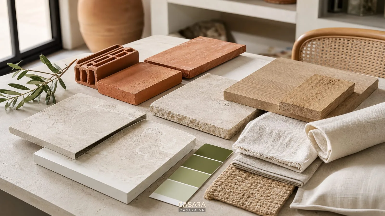 Bảng vật liệu nhà kiến trúc địa trung hải gồm gạch nung đá tự nhiên gỗ sáng và vải linen