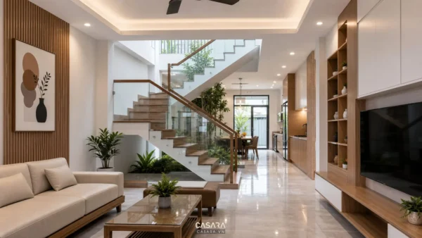 Nhà ống cầu thang giữa có phòng khách phía trước và giếng trời sáng thoáng
