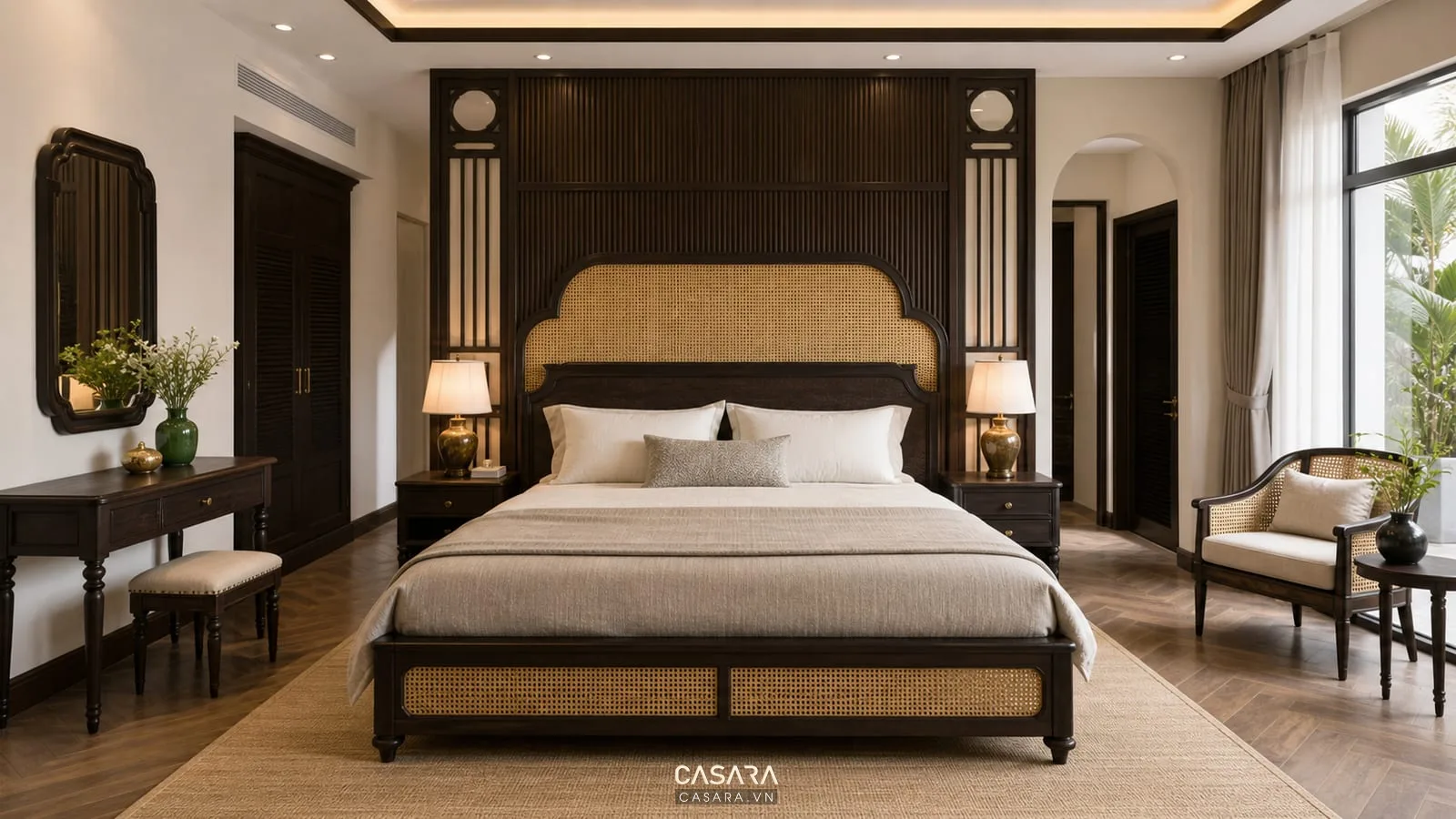 Giường phòng ngủ phong cách đông dương với vách đầu giường gỗ và nan mây