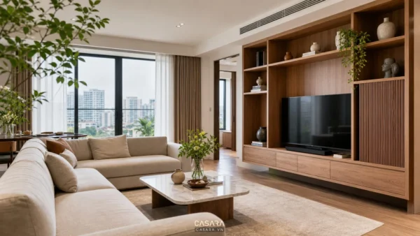 Phòng khách nhà đẹp với sofa sáng màu và kệ phòng khách đẹp bằng gỗ