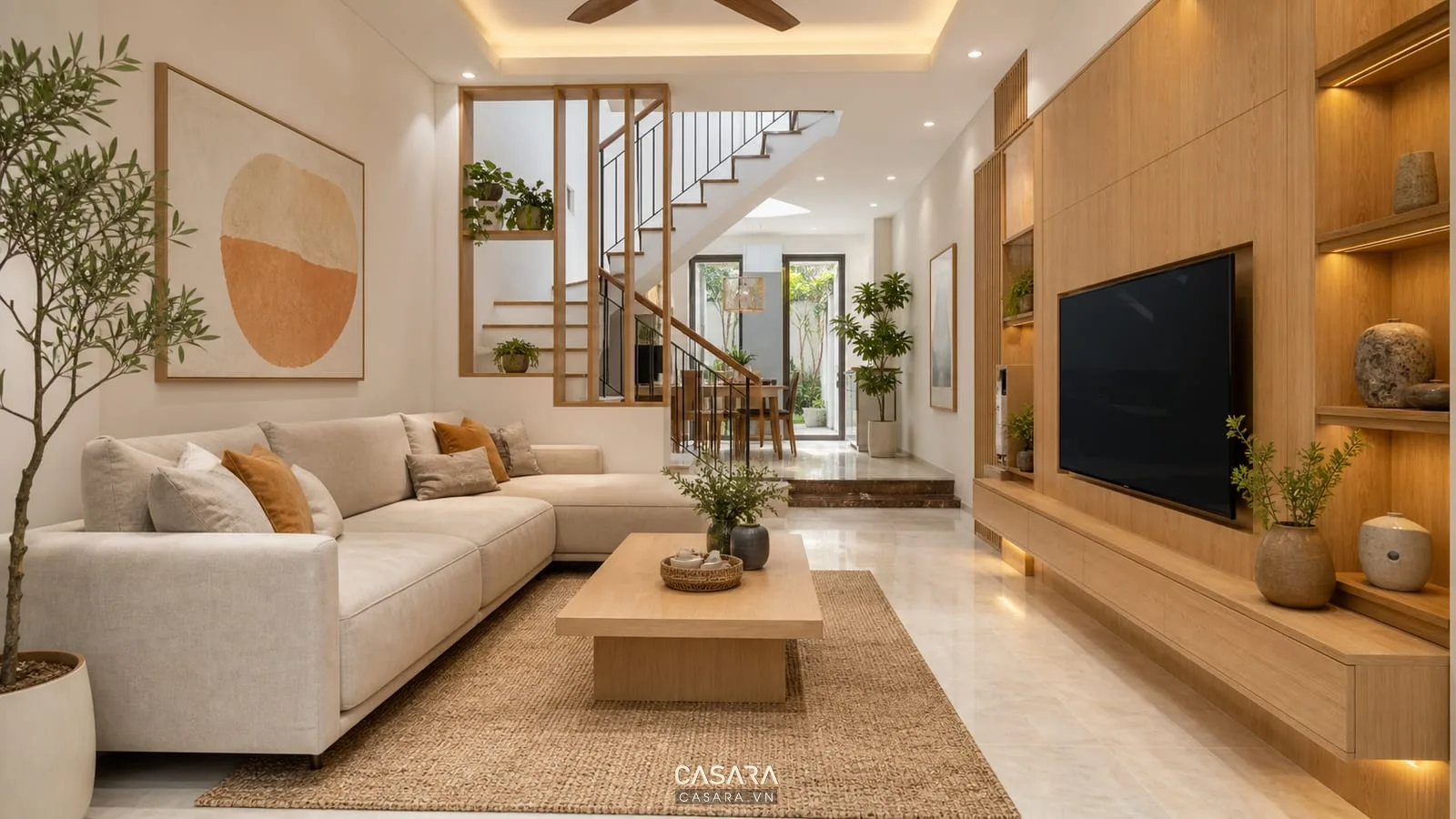 Mẫu nhà phòng khách đẹp phong cách hiện đại với sofa góc và tường TV ốp gỗ
