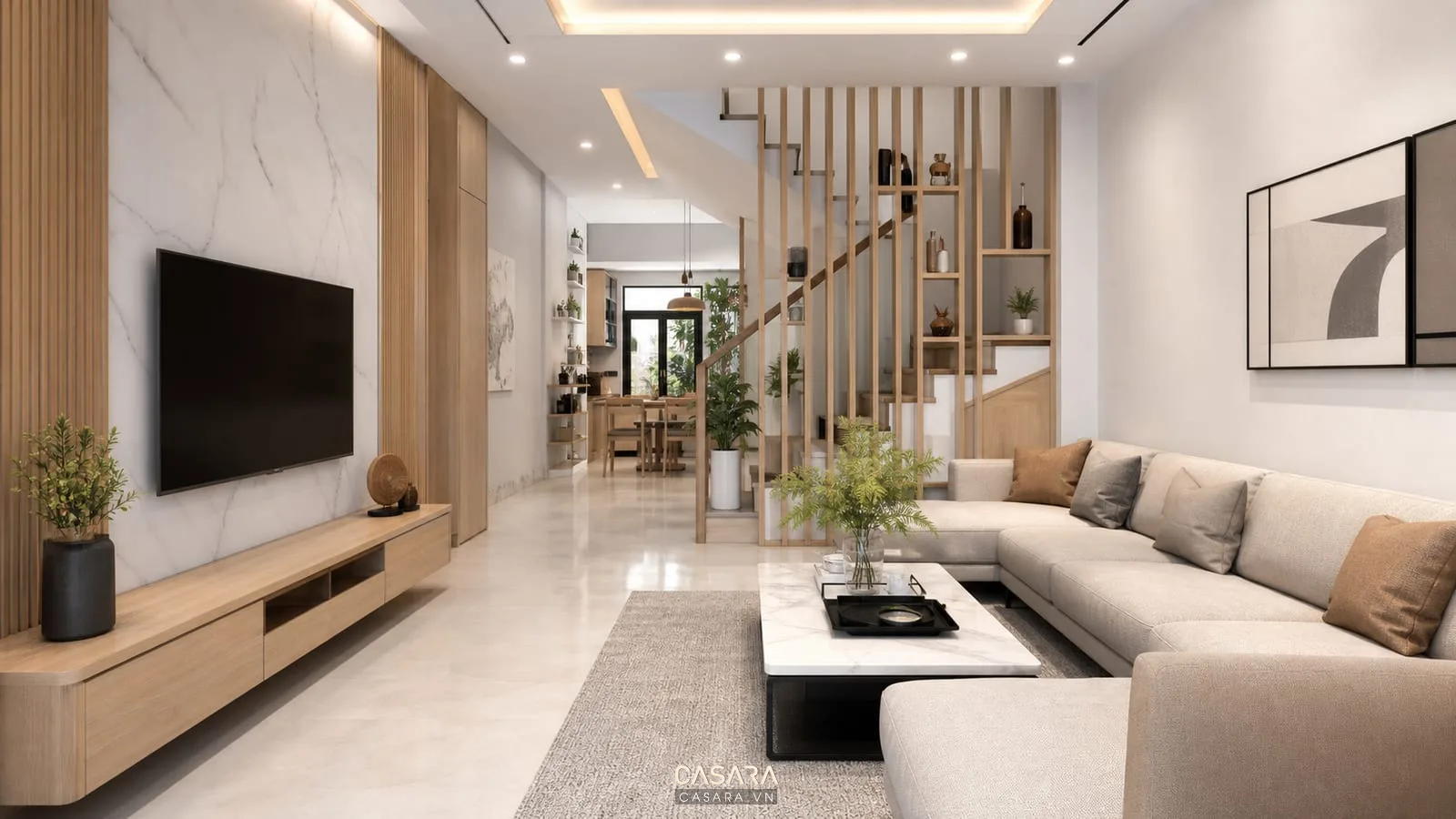 Phòng khách nhà phố đẹp với sofa chữ L và kệ tivi dài