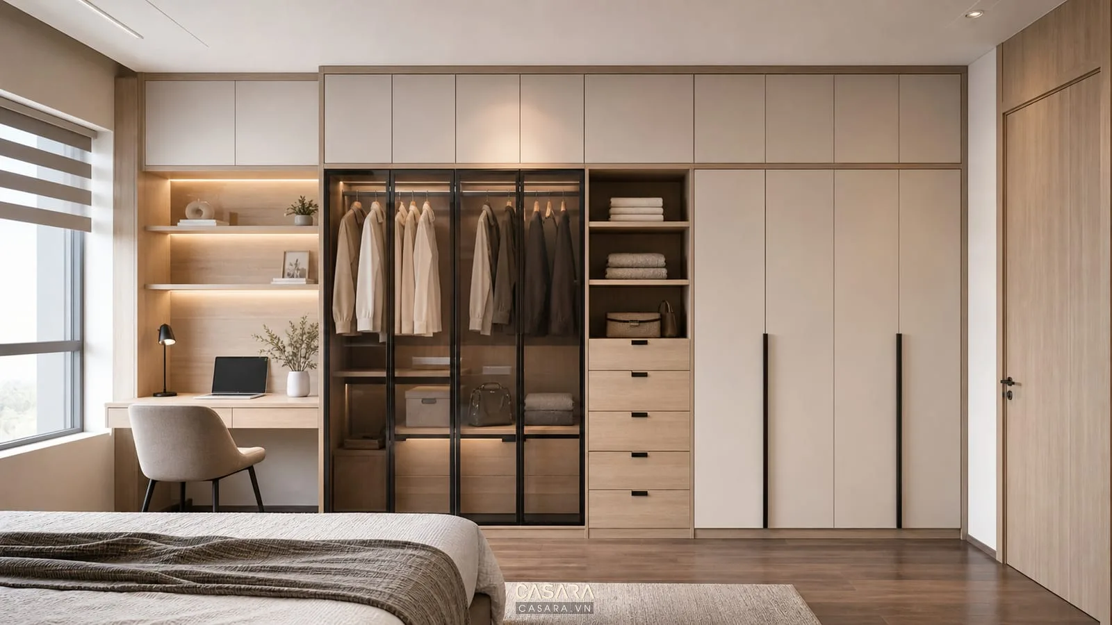 hệ tủ quần áo chung cư kết hợp bàn làm việc trong phòng ngủ
