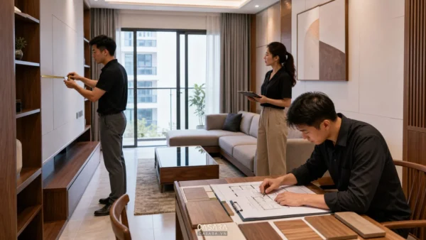 Đội thi công nội thất khảo sát phòng khách căn hộ hiện đại