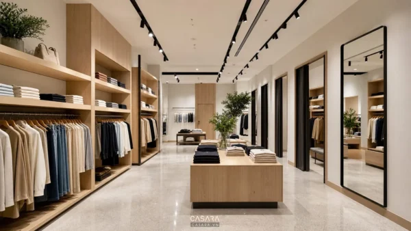 Thi công nội thất shop thời trang hiện đại với kệ trưng bày và ánh sáng ray