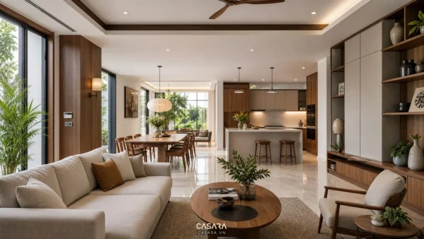 Phối cảnh nội thất nhà ở hiện đại với phòng khách, bếp, bàn ăn gỗ, sofa sáng màu và lối đi rộng cho gia đình.