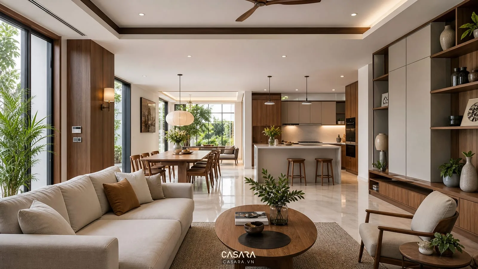 Phối cảnh nội thất nhà ở hiện đại với phòng khách, bếp, bàn ăn gỗ, sofa sáng màu và lối đi rộng cho gia đình.
