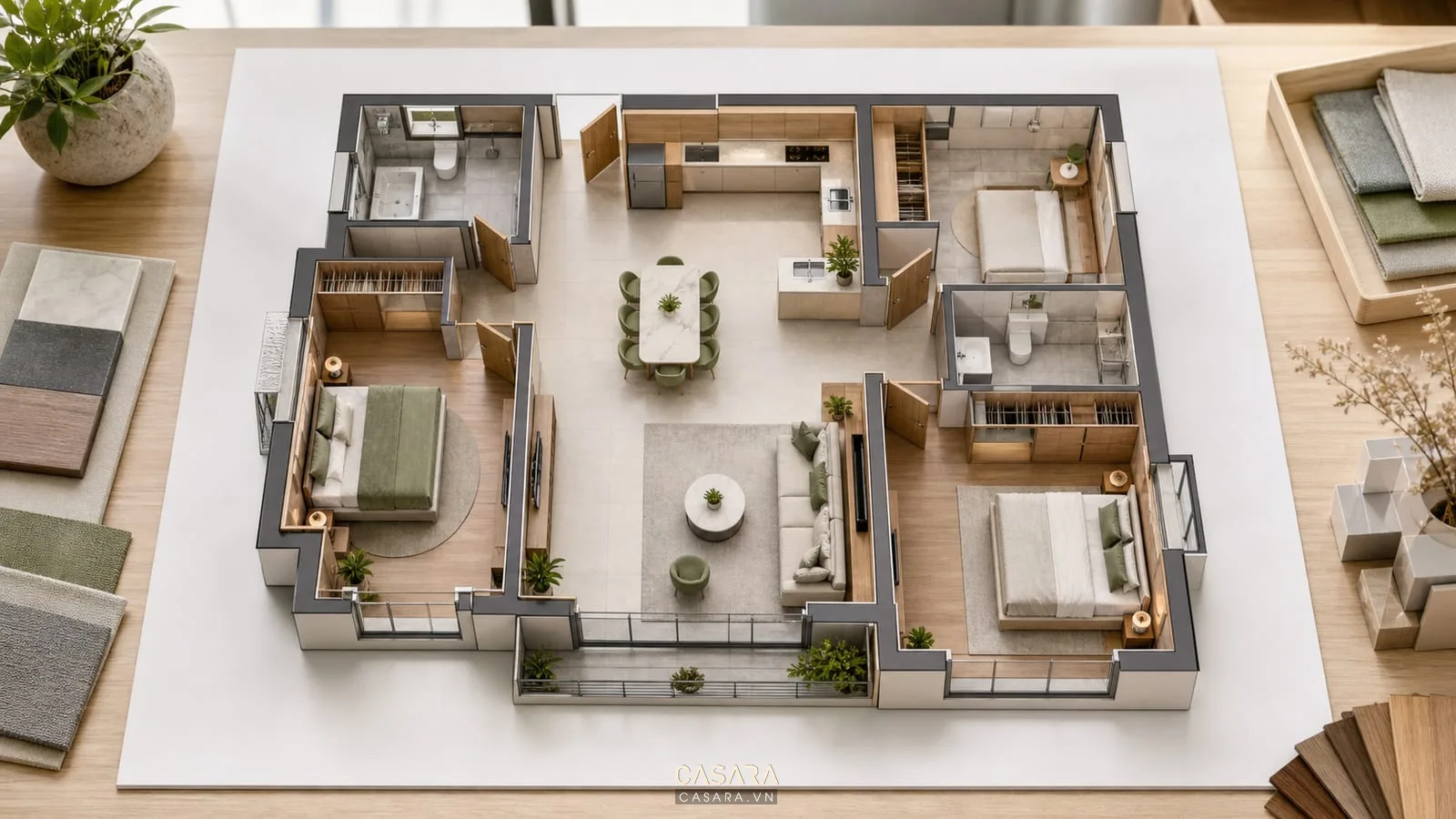 mặt bằng thiết kế chung cư 80m2 với phòng khách bếp hai phòng ngủ và luồng di chuyển