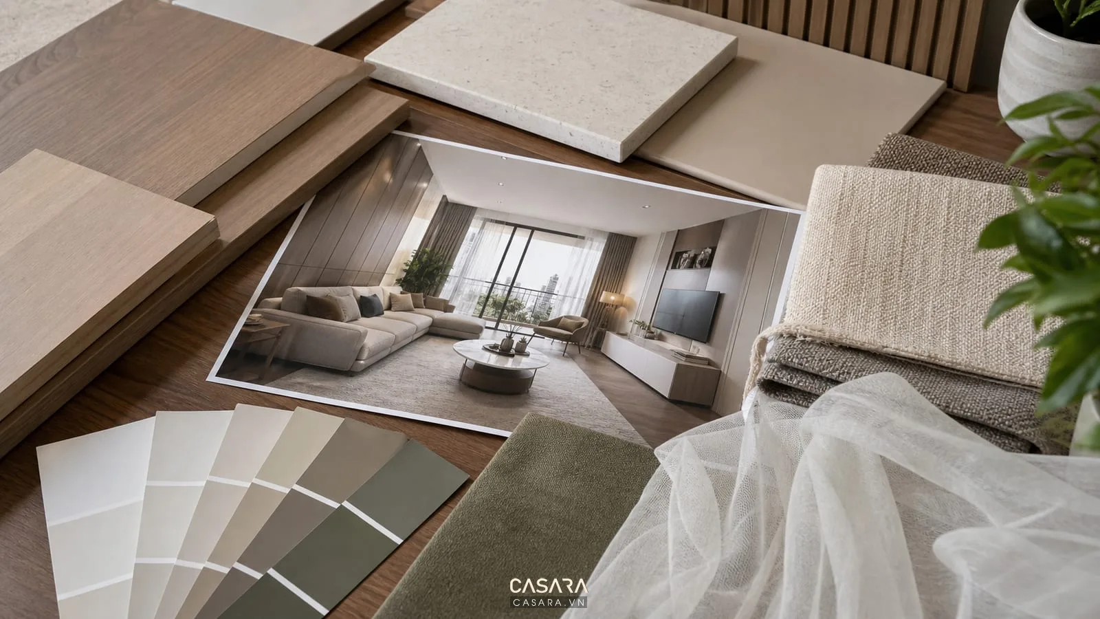 bảng vật liệu thiết kế chung cư với gỗ đá vải sofa rèm màu sơn và phối cảnh phòng khách