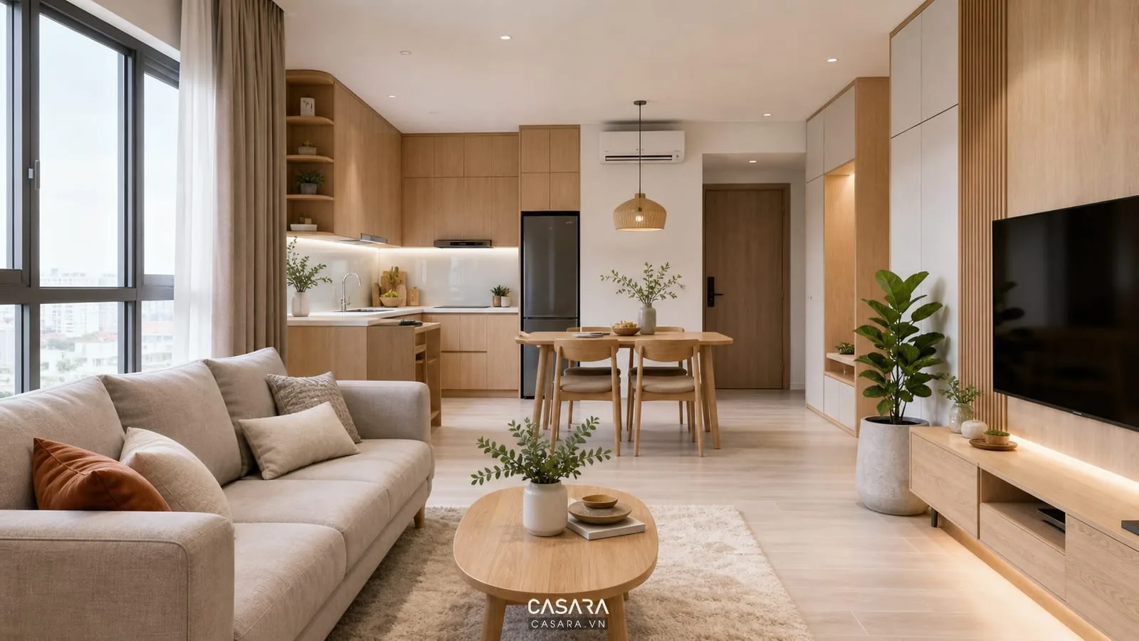phòng khách bếp chung cư hoàn thiện với sofa tủ bếp bàn ăn kệ tivi và vật liệu gỗ sáng