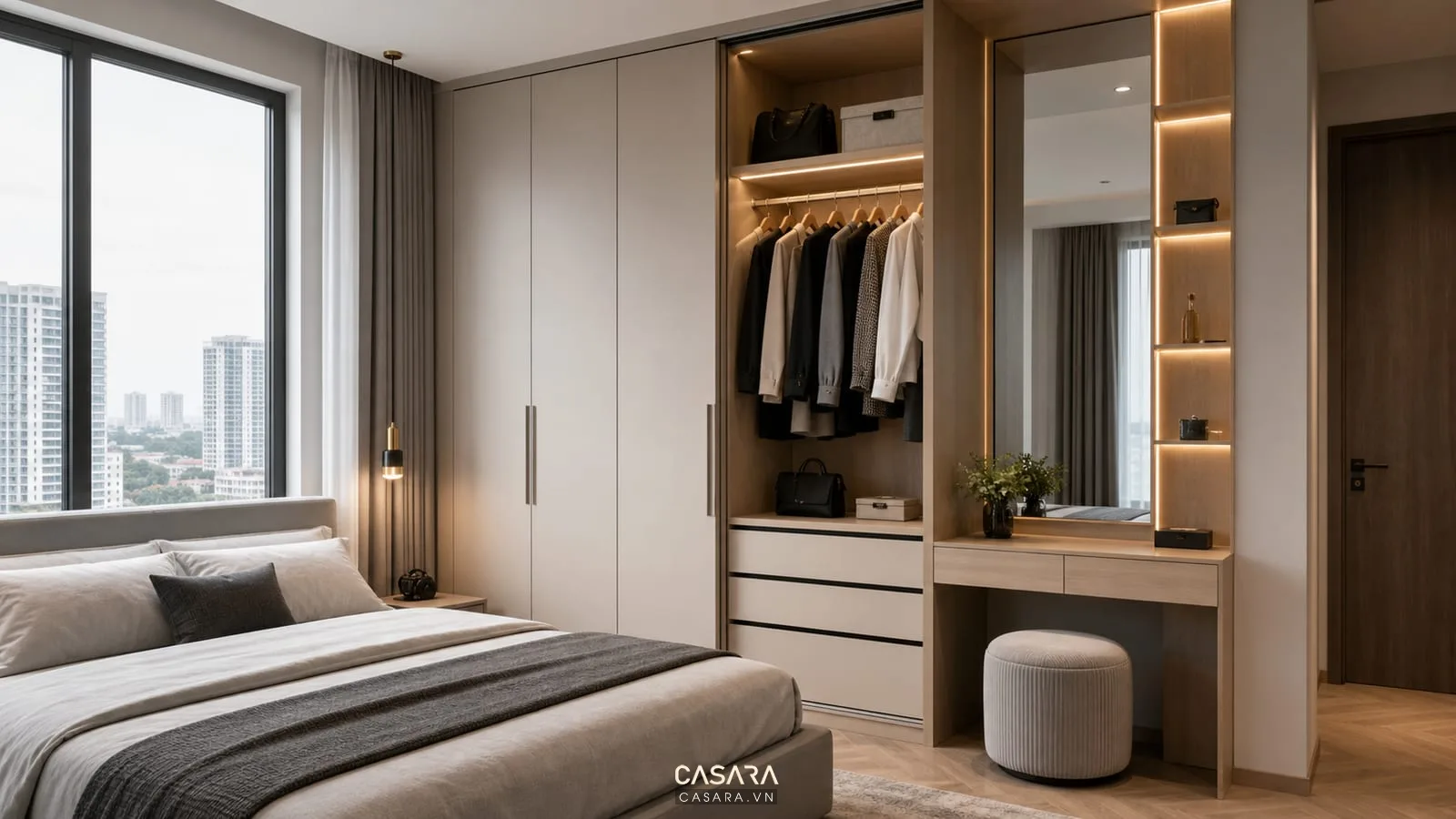 hệ tủ phòng ngủ chung cư cao tầng với tủ áo kịch trần ngăn kéo bàn trang điểm gương và giường