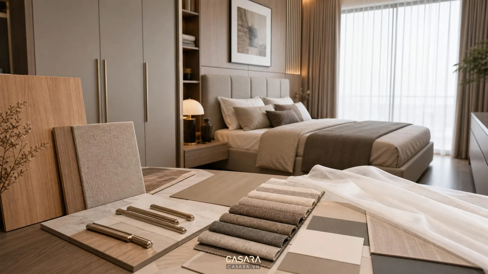 vật liệu phòng ngủ chung cư cao tầng với mẫu gỗ vải đầu giường rèm tay nắm tủ bảng màu và giường