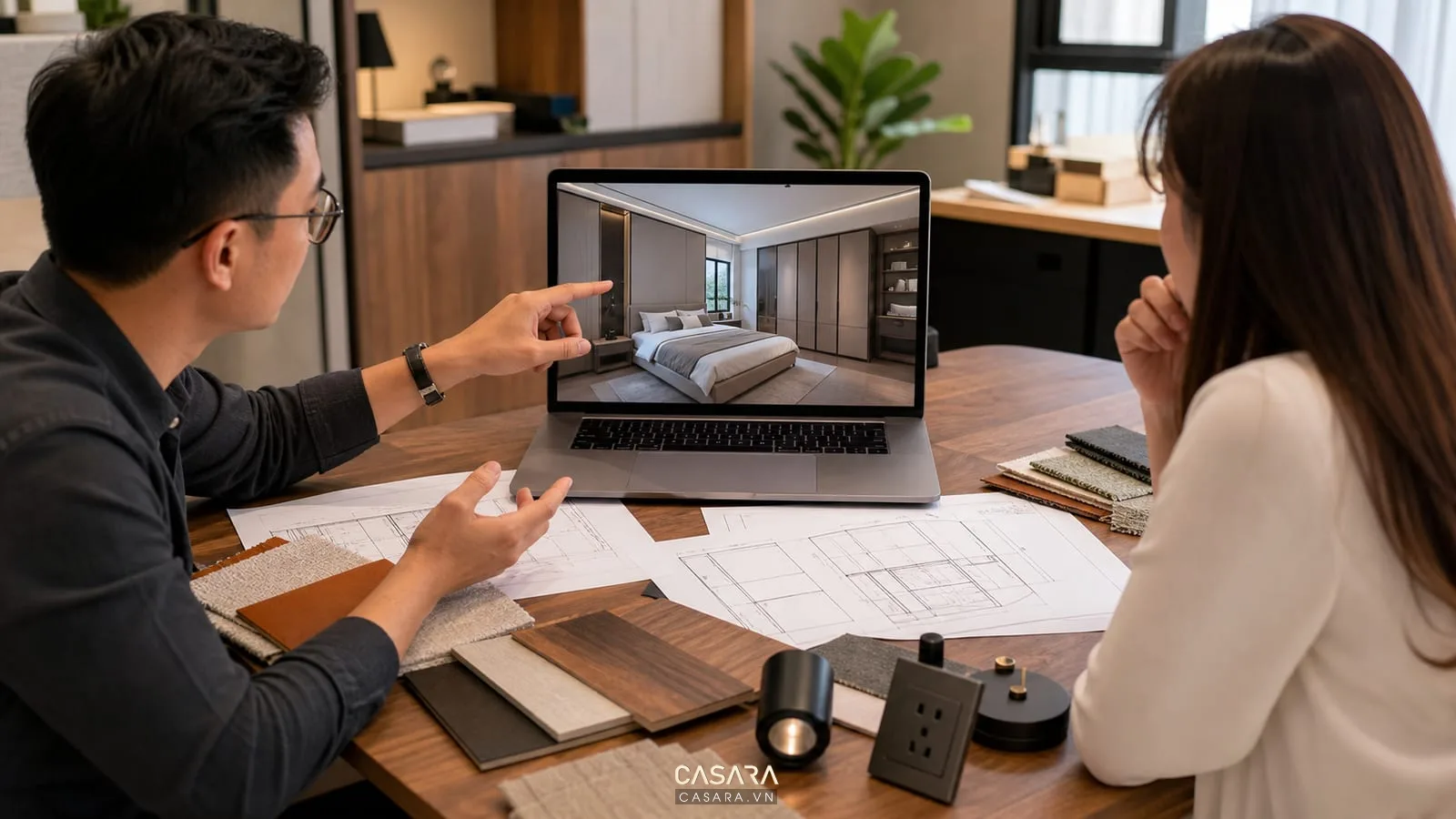 kiến trúc sư tư vấn nhiệm vụ thiết kế chung cư cao tầng với phối cảnh phòng ngủ bản vẽ tủ mẫu vật liệu ổ cắm và đèn