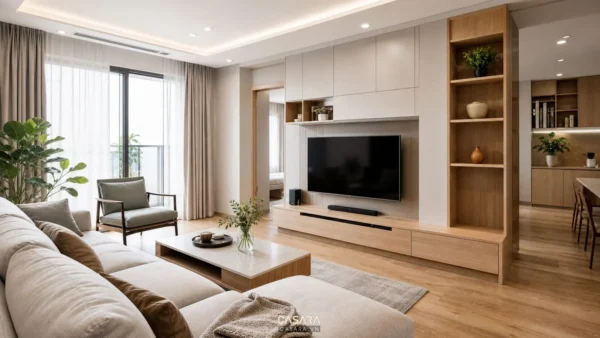 thiết kế nội thất căn hộ hiện đại với phòng khách, sofa, kệ tivi và tủ âm tường gỗ sáng màu