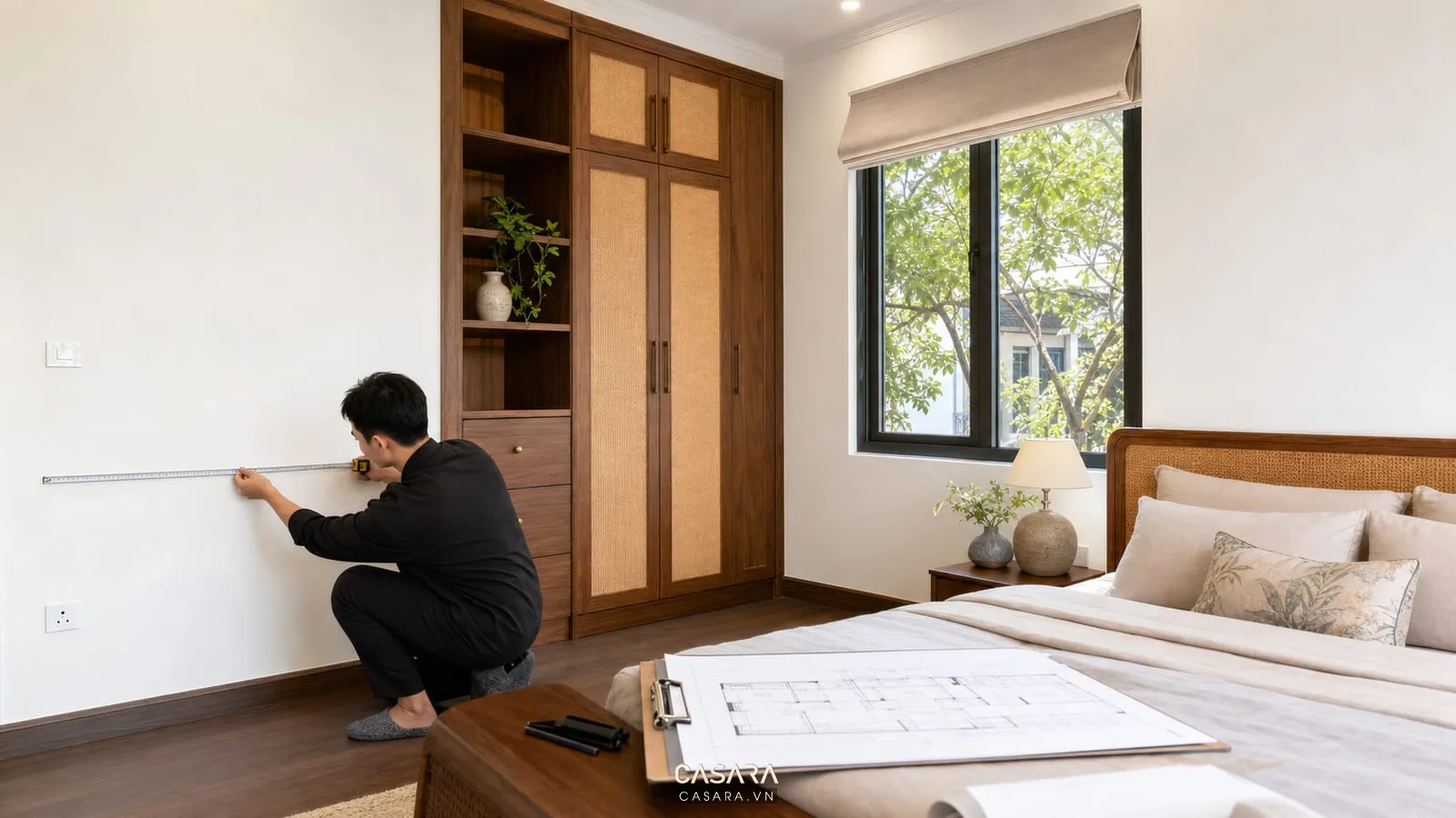 kiến trúc sư đo đạc hiện trạng thiết kế nội thất phòng ngủ với bản vẽ và thước đo