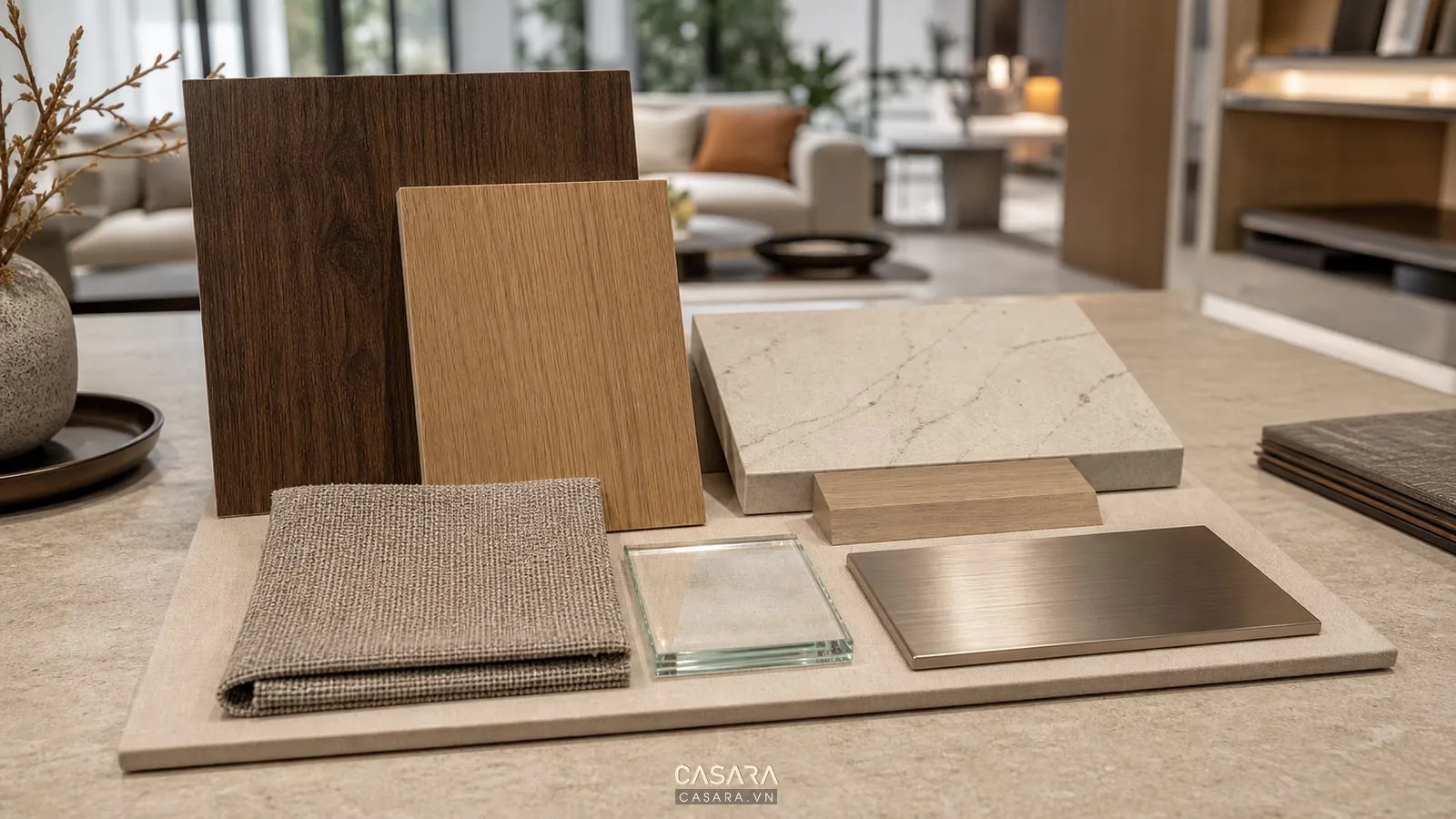 bảng mẫu vật liệu thiết kế nội thất gồm gỗ, đá, vải sofa, kính và kim loại tông trung tính