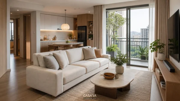 Những mẫu thiết kế chung cư đẹp với phòng khách bếp mở sofa sáng màu và kệ tivi gỗ