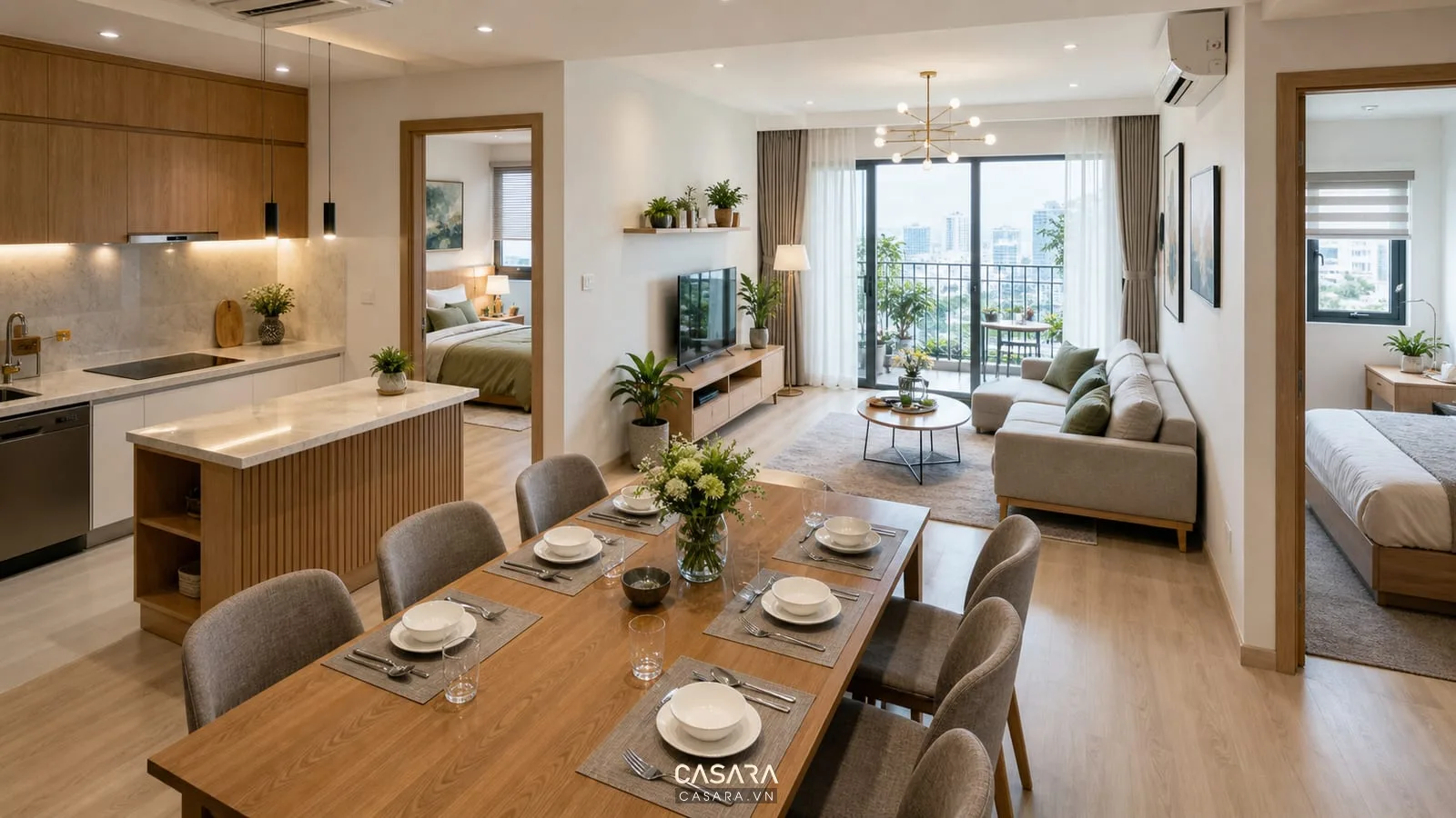 Mẫu thiết kế chung cư 70m2 với phòng khách bếp bàn ăn và hai phòng ngủ