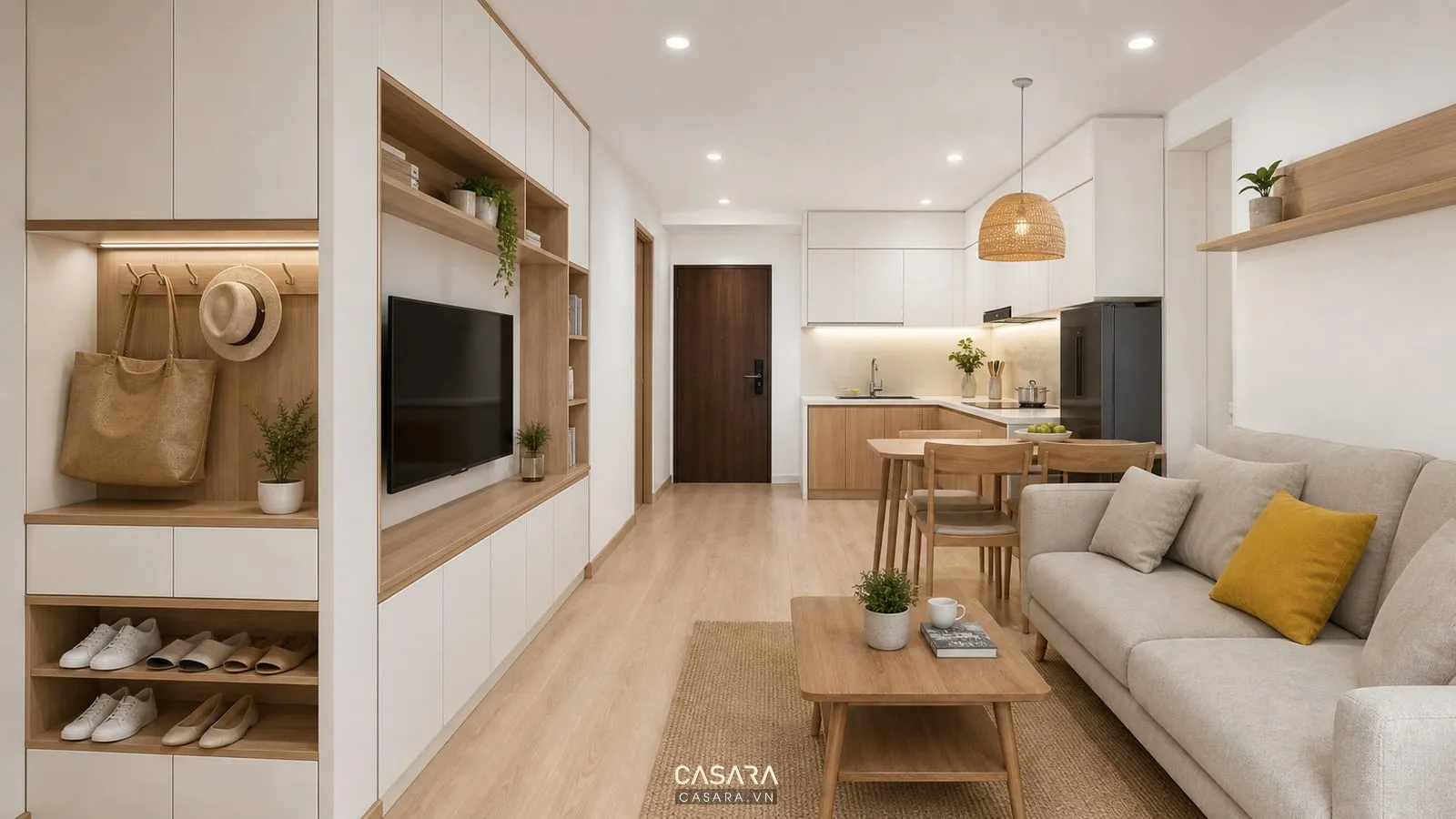 Thiết kế chung cư đẹp cho căn hộ nhỏ với hệ tủ lưu trữ liền mạch và sofa gọn