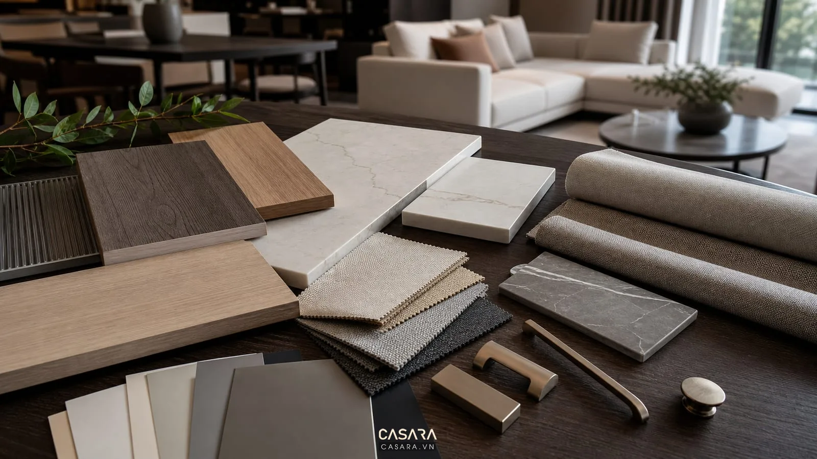 Vật liệu thiết kế chung cư đẹp gồm mẫu gỗ đá vải sofa rèm và tay nắm tủ
