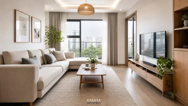 Phòng khách đẹp hiện đại với sofa sáng màu và kệ tivi thấp