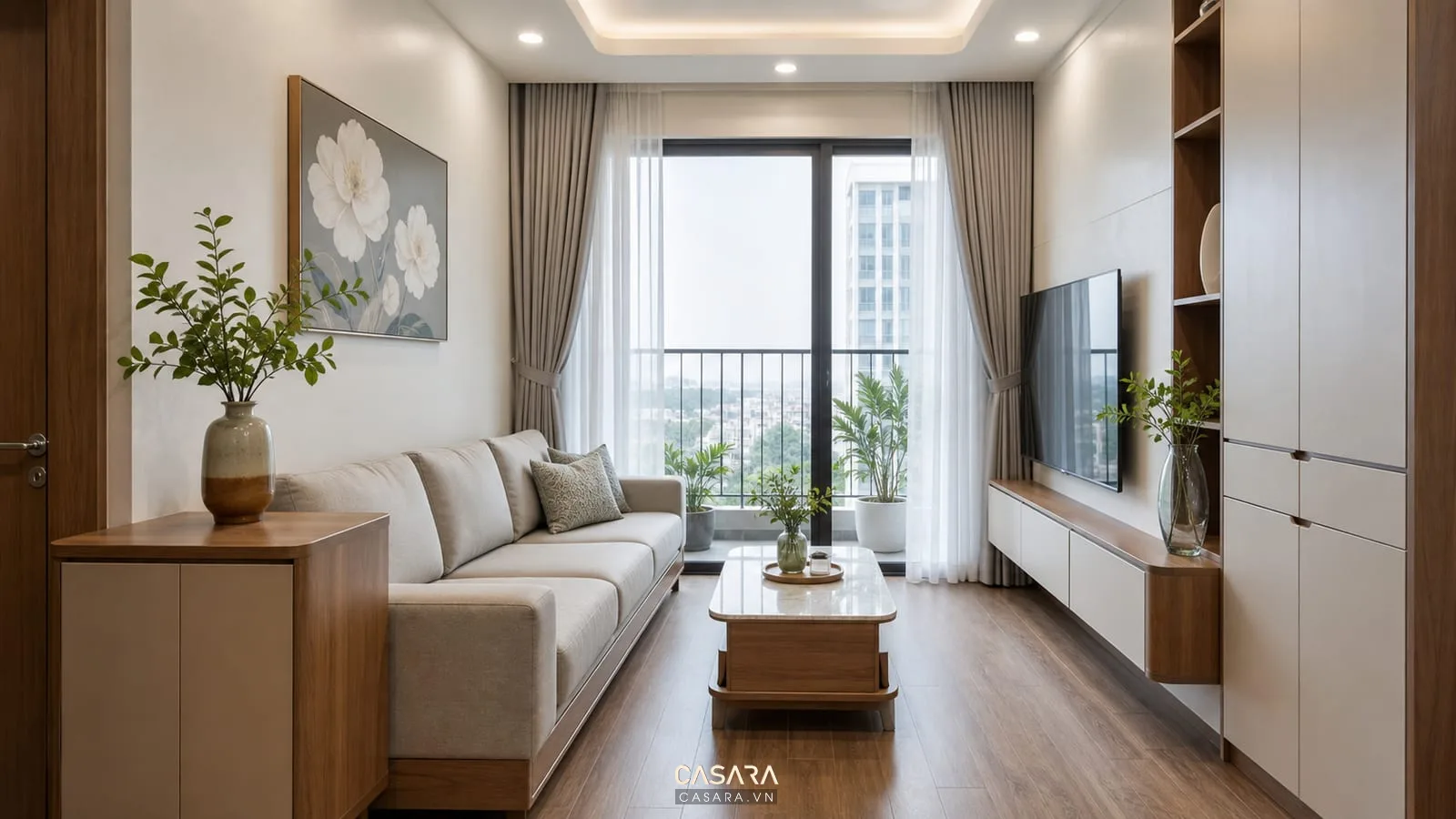 Phòng khách nhỏ đẹp với sofa thấp và kệ tivi treo