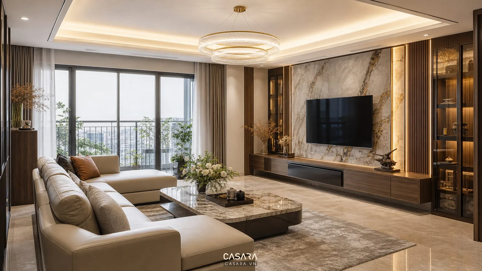 trang trí phòng khách đẹp sang trọng với sofa vách tivi ốp đá và gỗ