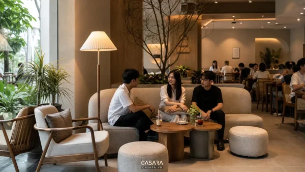 Khu ghế sofa quán cà phê với bàn thấp, ghế bọc vải và ánh sáng ấm cúng