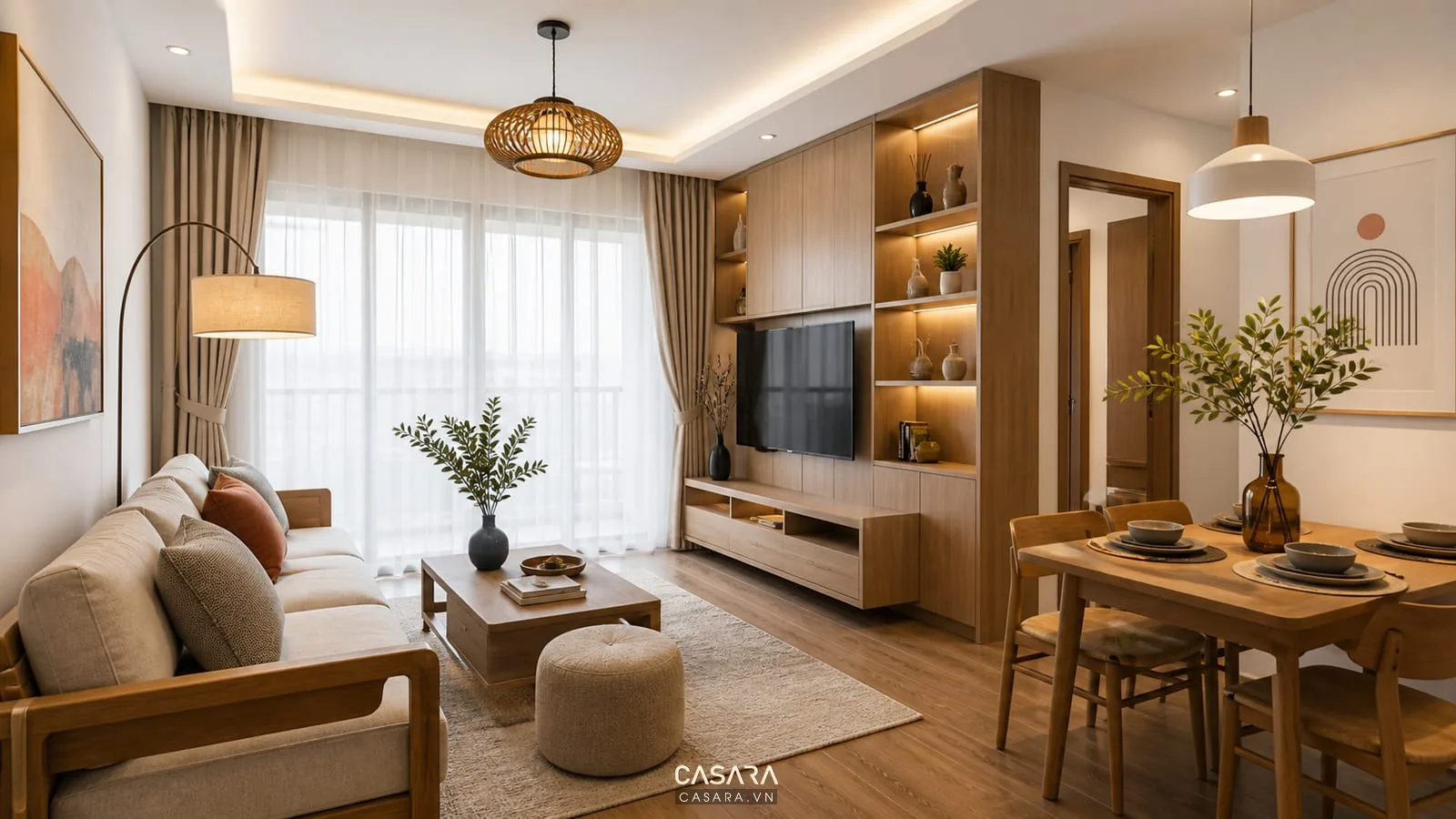 Nội thất căn hộ chung cư hiện đại ấm với sofa vải, gỗ veneer và kệ tivi tối giản