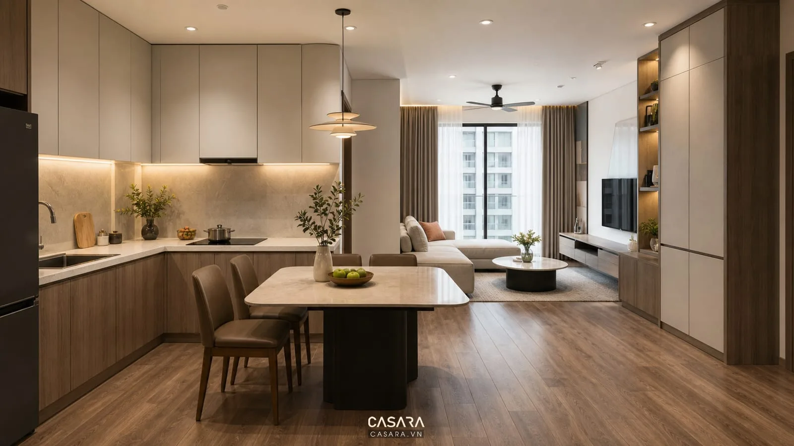 Phòng khách chung cư đẹp liên thông bếp ăn với sofa chữ L và nội thất gỗ sáng