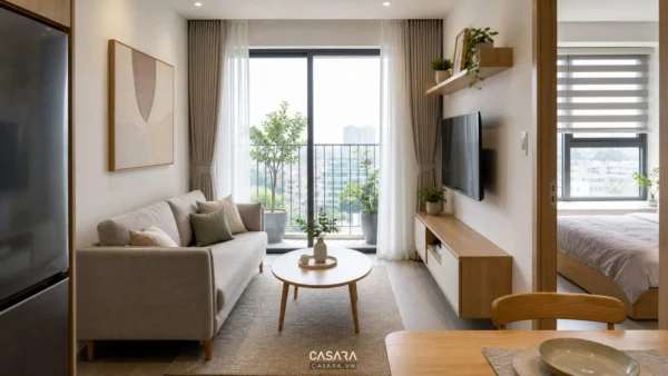 nội thất cho căn hộ nhỏ với phòng khách chung cư nhỏ có sofa gọn và ánh sáng tự nhiên