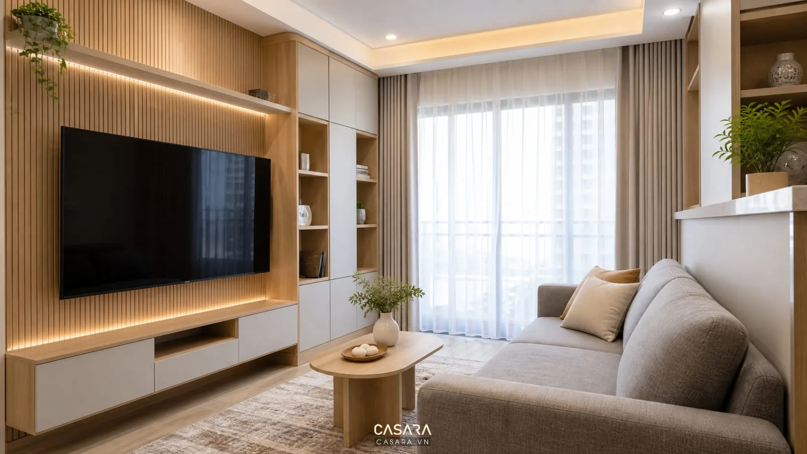 nội thất cho chung cư nhỏ với vách tivi gỗ sáng sofa vải và đèn hắt trần