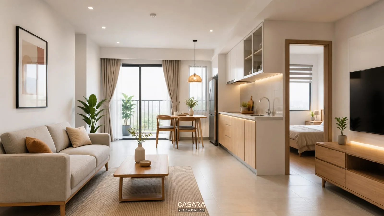 Nội thất căn hộ 1 phòng ngủ hiện đại với phòng khách liên thông bếp