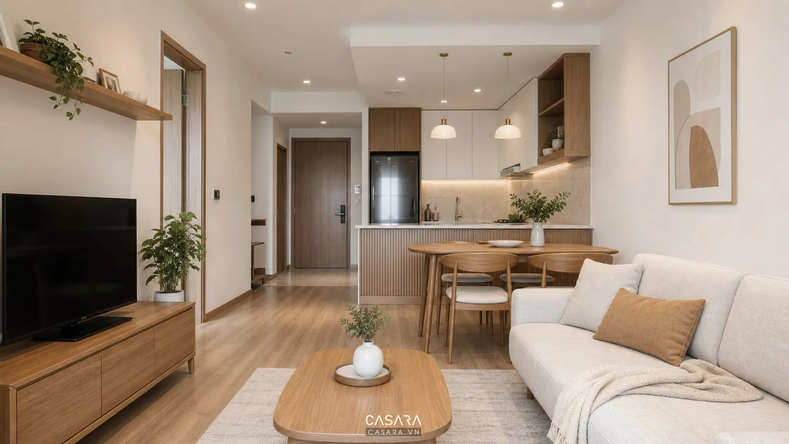 Sofa nhỏ bàn ăn làm việc và bếp gọn trong nội thất căn hộ studio