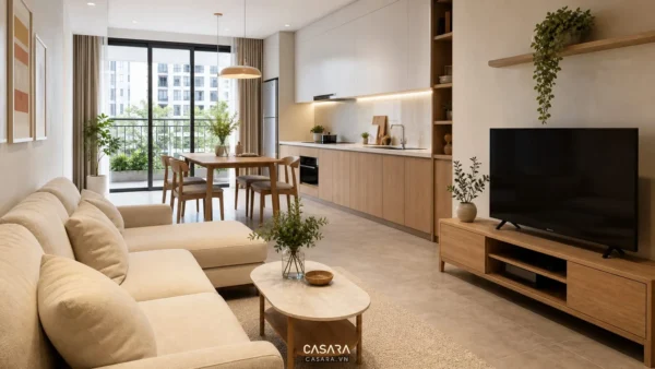 nội thất chung cư 60m2 phòng khách liền bếp hiện đại với sofa kệ tivi gỗ sáng bàn ăn và ban công