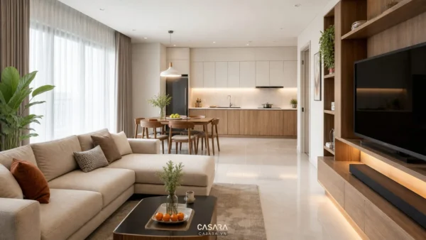 nội thất chung cư đẹp phòng khách liền bếp hiện đại có sofa chữ L kệ tivi gỗ bàn ăn nhỏ và tủ bếp sáng màu