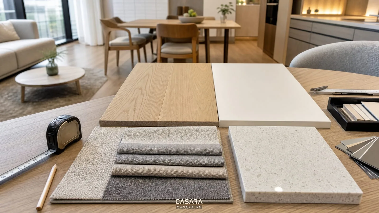 mẫu vật liệu cho thiết kế chung cư ở hà nội gồm gỗ đá và vải sofa