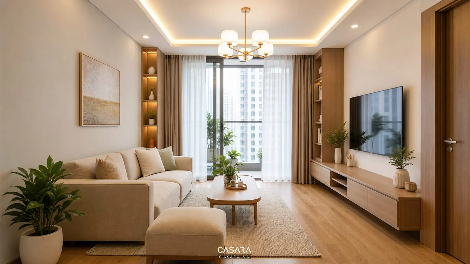 Nội thất chung cư đẹp tại Hà Nội với phòng khách tông gỗ sáng và sofa vải