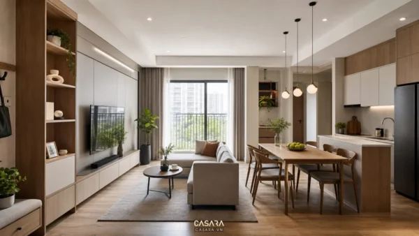 nội thất chung cư hiện đại với phòng khách bếp mở và hệ tủ gọn