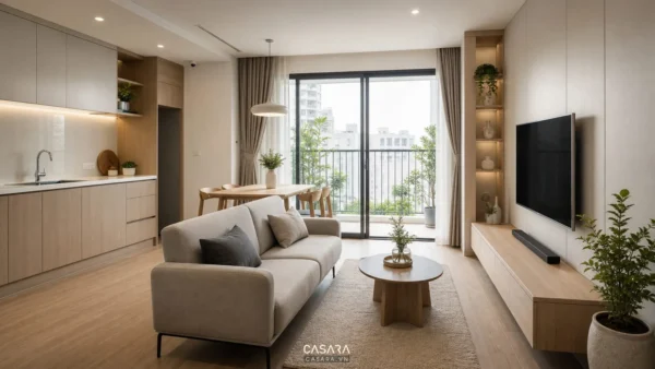 Nội thất chung cư nhỏ 50m2 phòng khách liền bếp sáng thoáng phong cách hiện đại