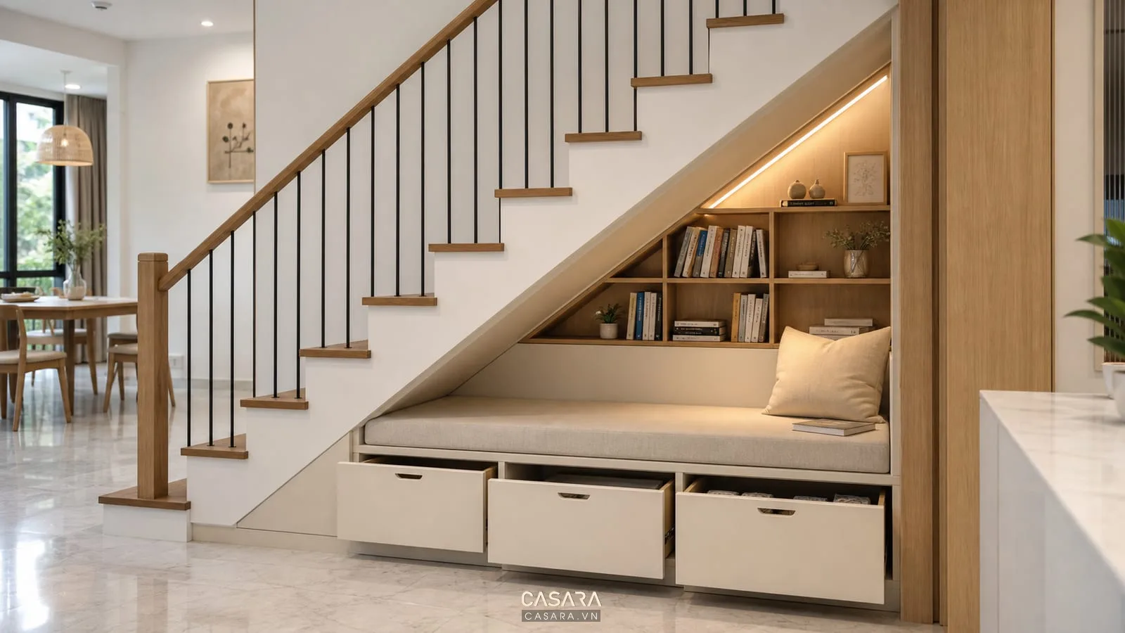 Nội thất gầm cầu thang với ghế đọc sách và kệ sách nhỏ