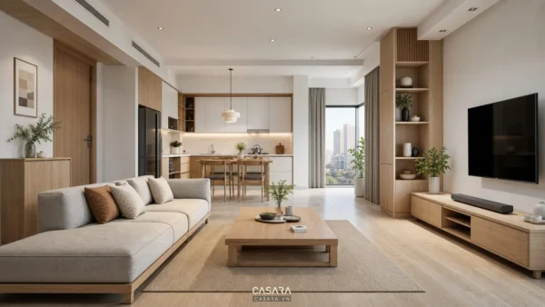 Nội thất nhà chung cư phòng khách liền bếp với sofa, tủ tivi gỗ sáng và ánh sáng tự nhiên