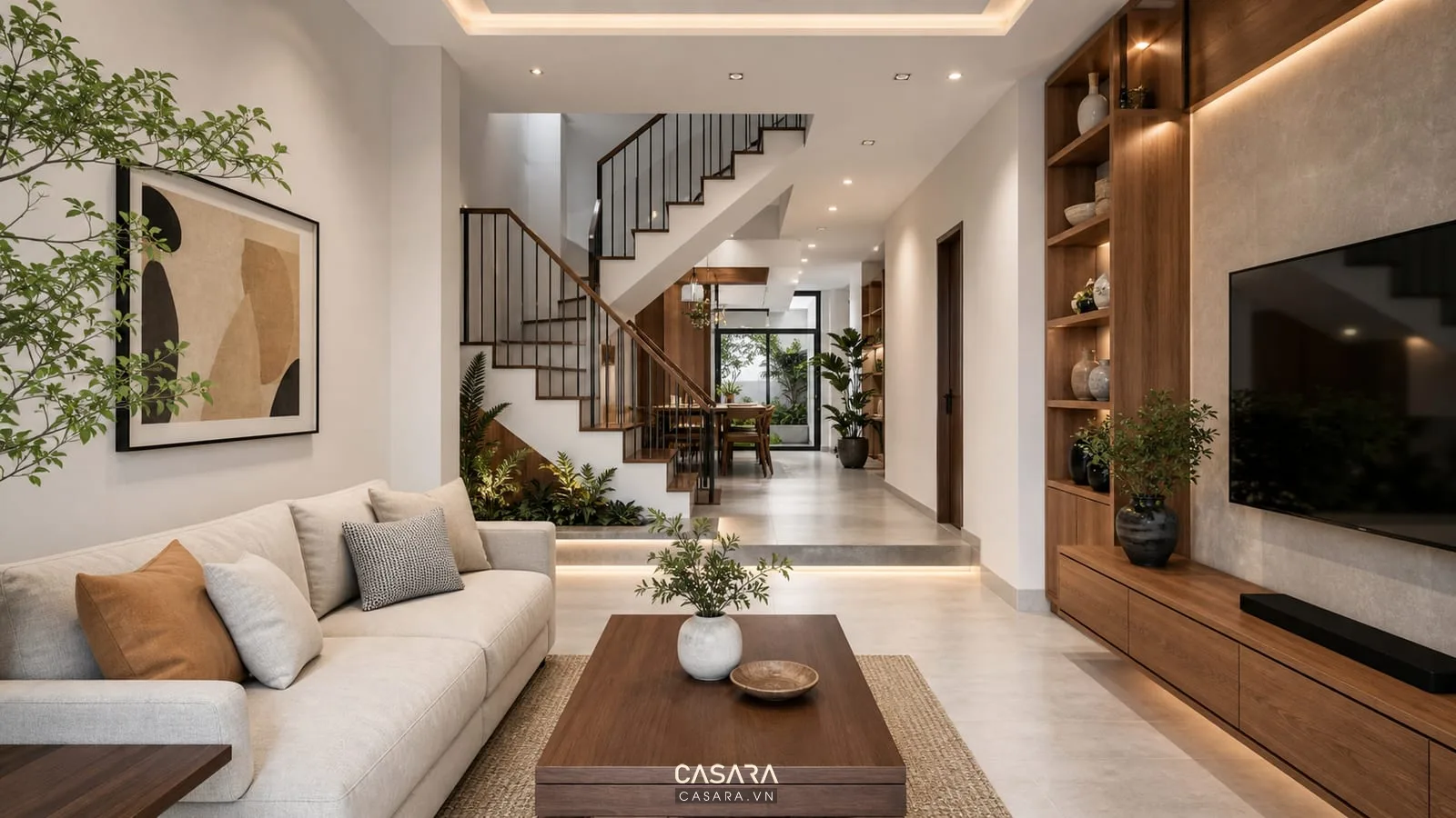 Phòng khách nhà phố hiện đại với sofa chữ L và tủ tivi gỗ kịch trần